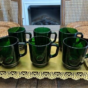 Six vintage green glass mugs with handles France